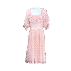 Vintage Pink Lace Prairiecore Dress Cottagecore Romantic Ruffle Midi Coquette